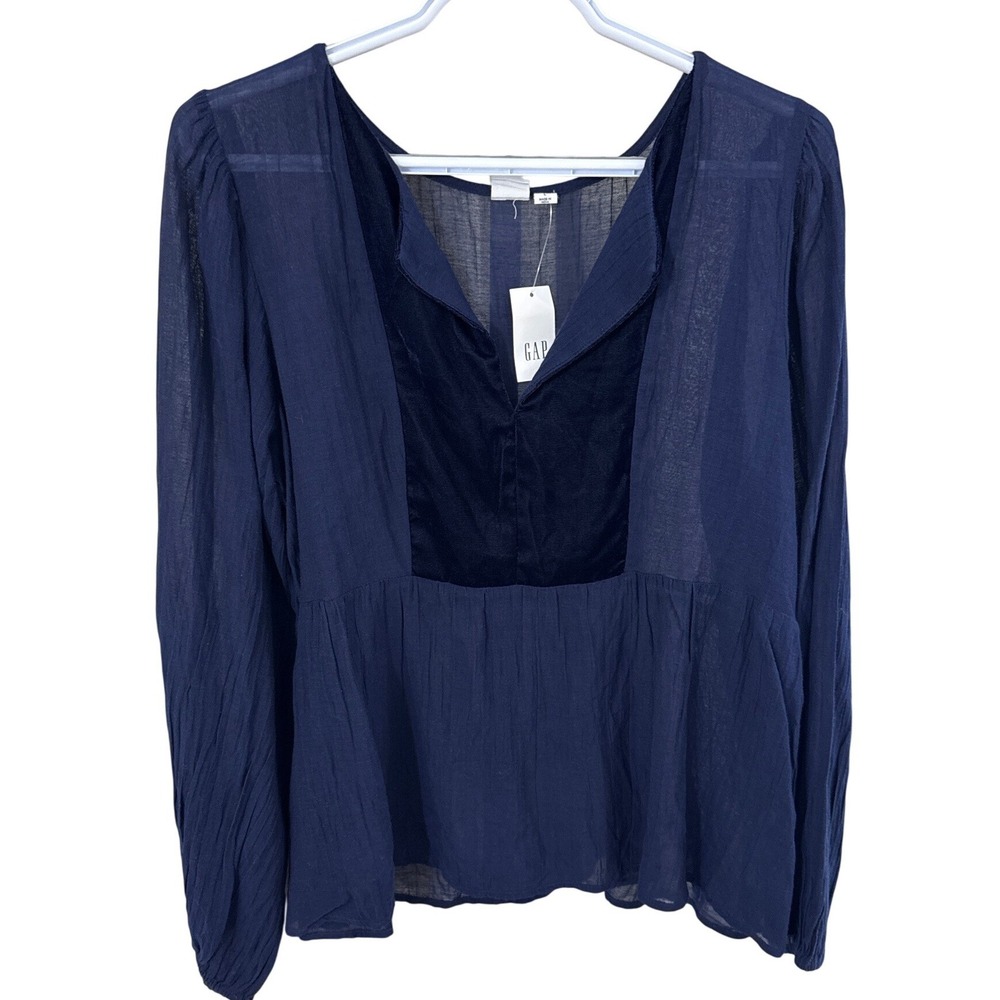 Gap Womens Navy Blue Velvet Panel Gauze Peplum Blouse Long Sleeve Top 40754-01-1